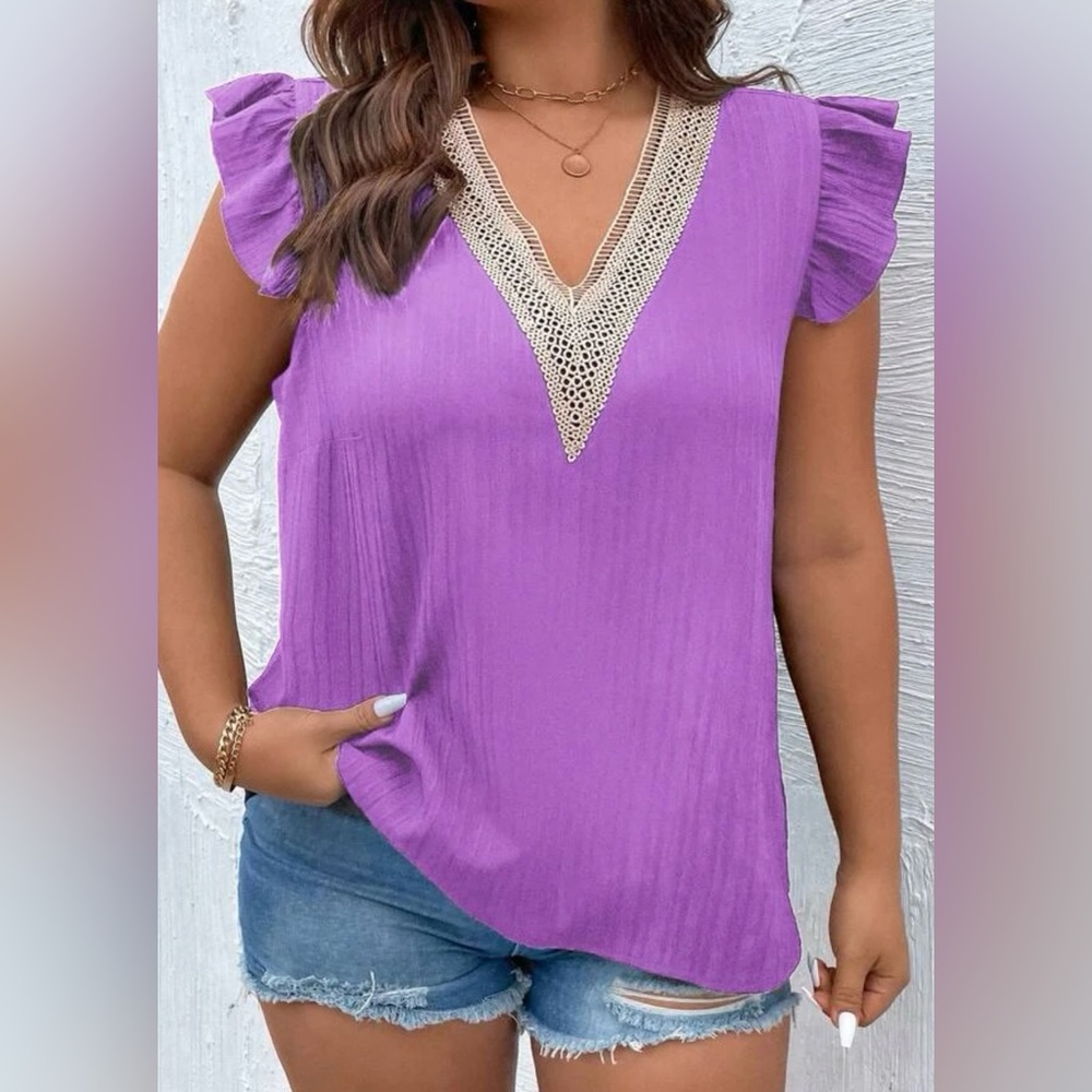 1xl SHEIN light purple, guipure lace v-neck, ruffle sleeve top